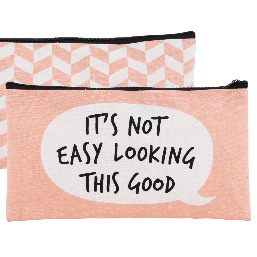 Orange make up bag with speech bubble design and slogan: It's Not Easy Looking This Good