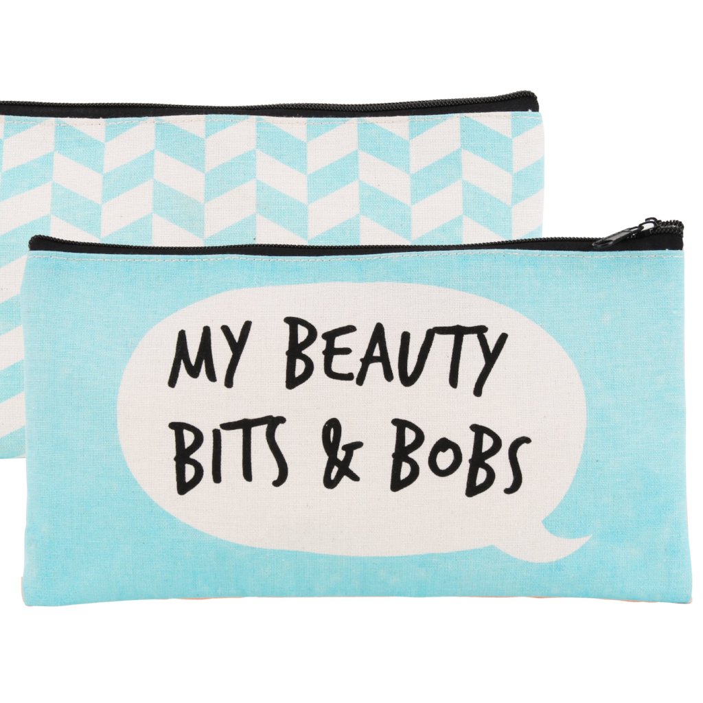 Blue make up bag with speech bubble design and slogan: My Beauty Bits and Bobss