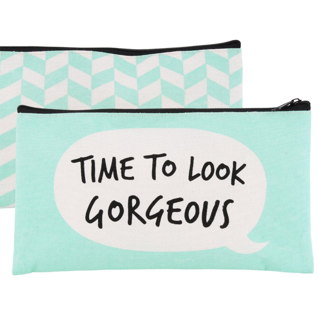 Green make up bag with speech bubble design and slogan: Time To Look Gorgeous
