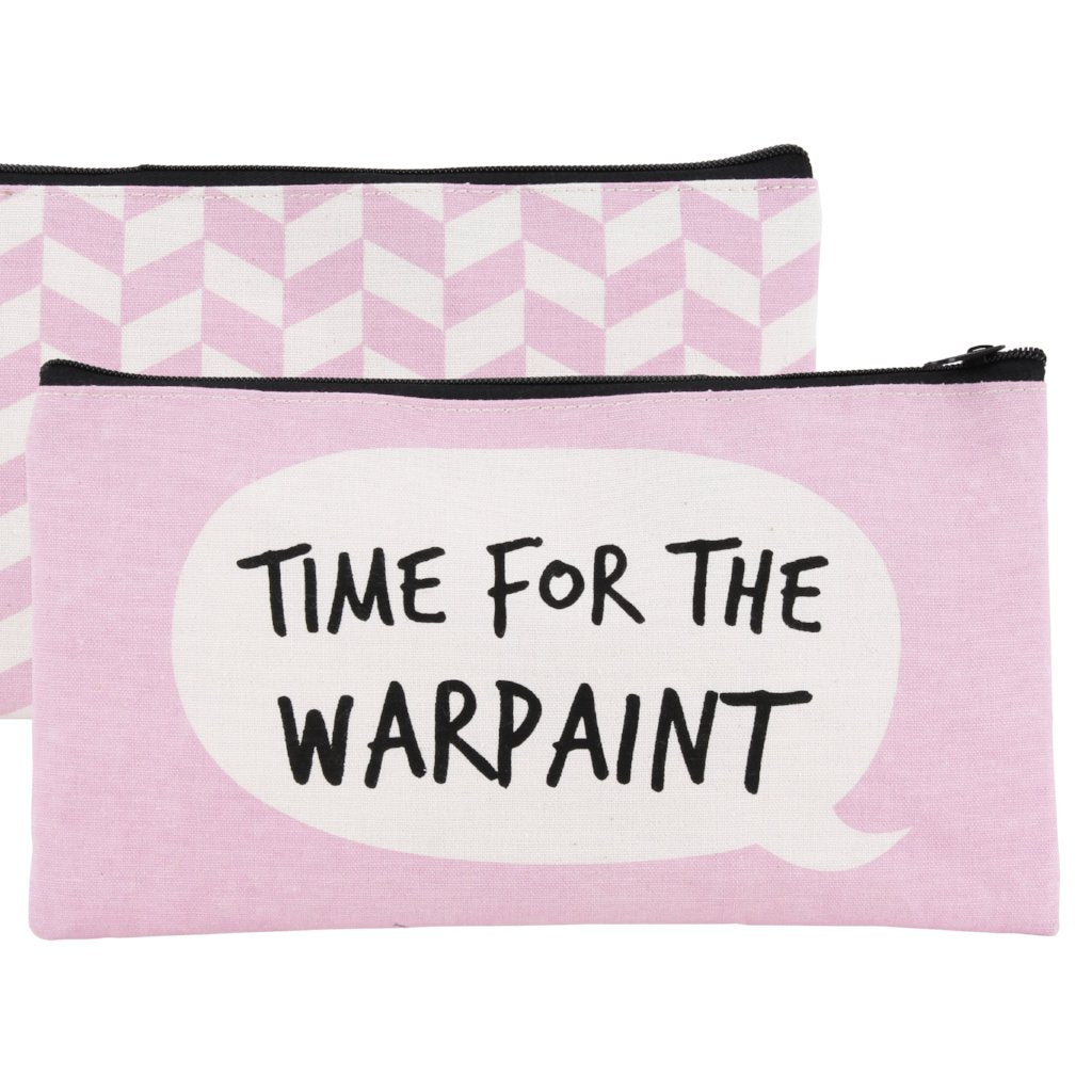 Pink make up bag with speech bubble design and slogan: Time For Warpaint