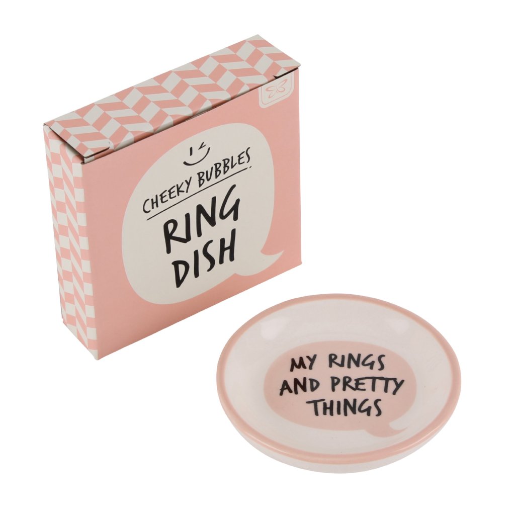 Pink ring dish featuring bubble slogan My Rings and Pretty Things