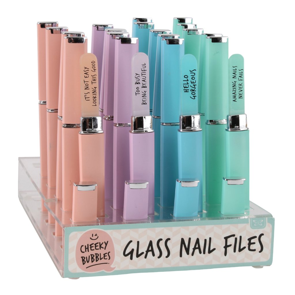 Glass nail file with case in pastel colours with choice of slogans