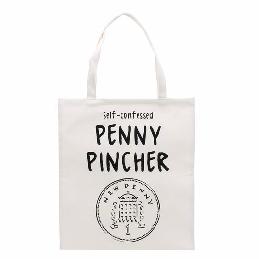 Canvas shopping bag with a picture of a penny and the slogan Self Confessed Pend Pincher