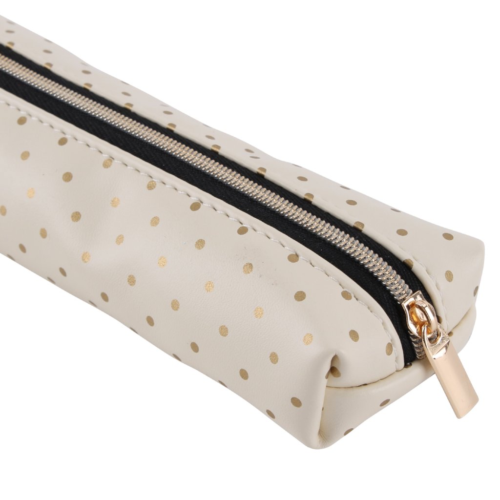 Cream make up brush bag with gold polka dot design.