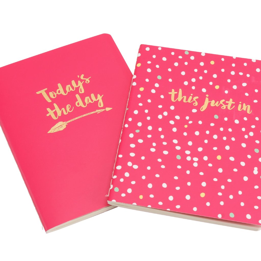 2 x A6 pink paperback notebooks with slogans