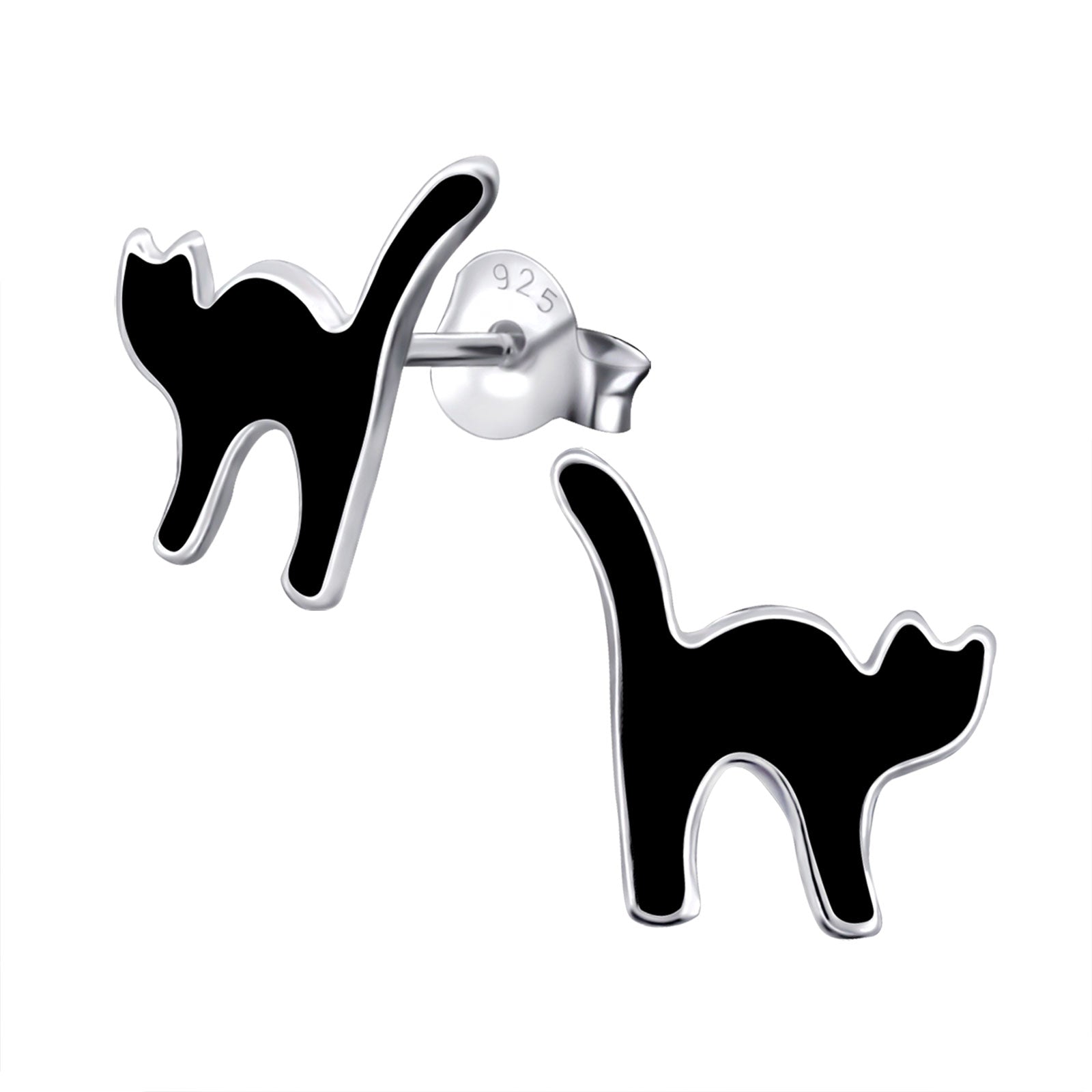 Stretching black cat stud earrings.
