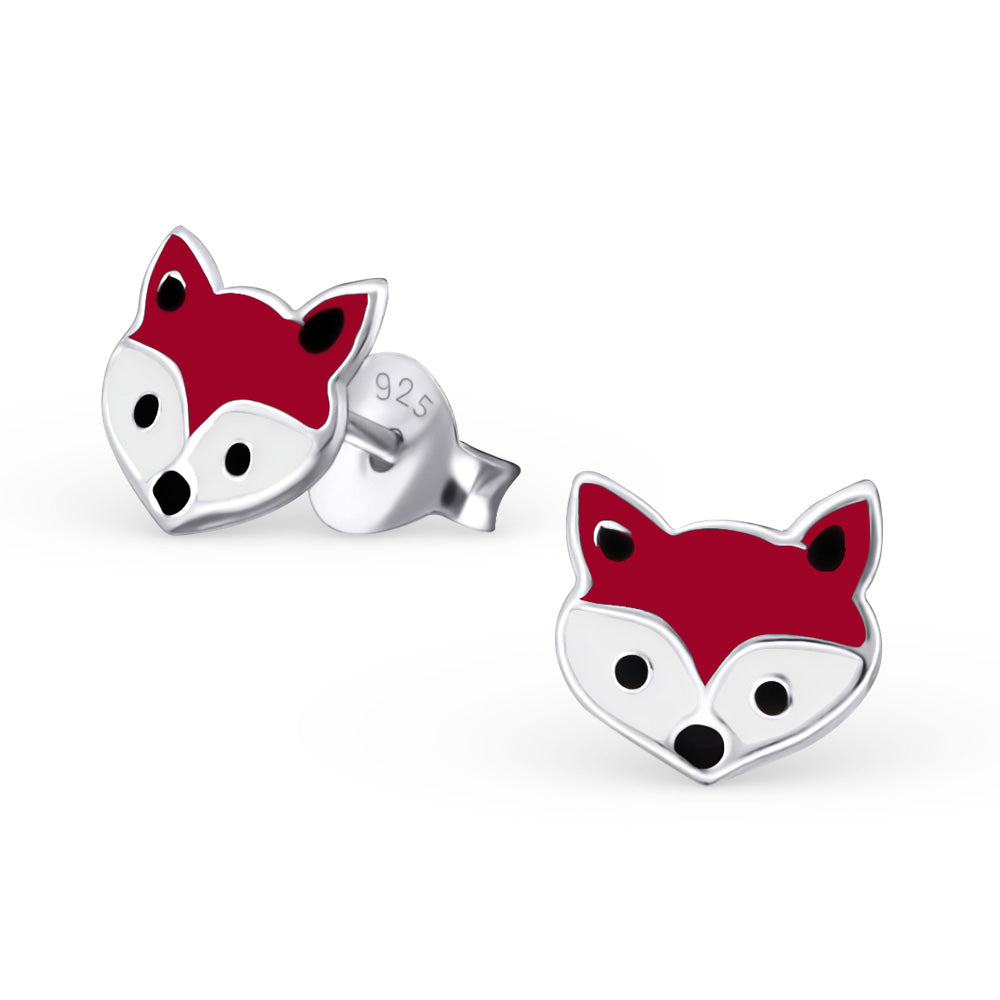 Fabulous fox head stud earrings.  925 Sterling Silver finished in dark red, black and white epoxy resin.