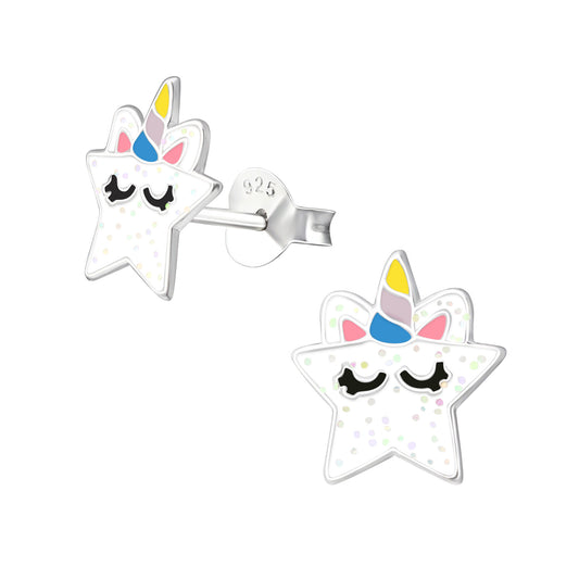 Pretty glitter star with sleeping unicorn detail stud earrings.