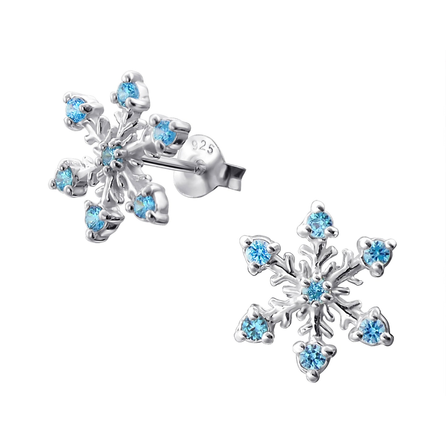 Pretty snowflake stud earrings with blue cubic zirconia.