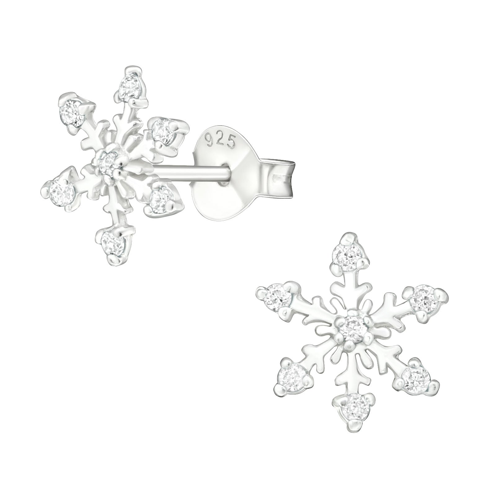 Pretty snowflake stud earrings with cubic zirconia.