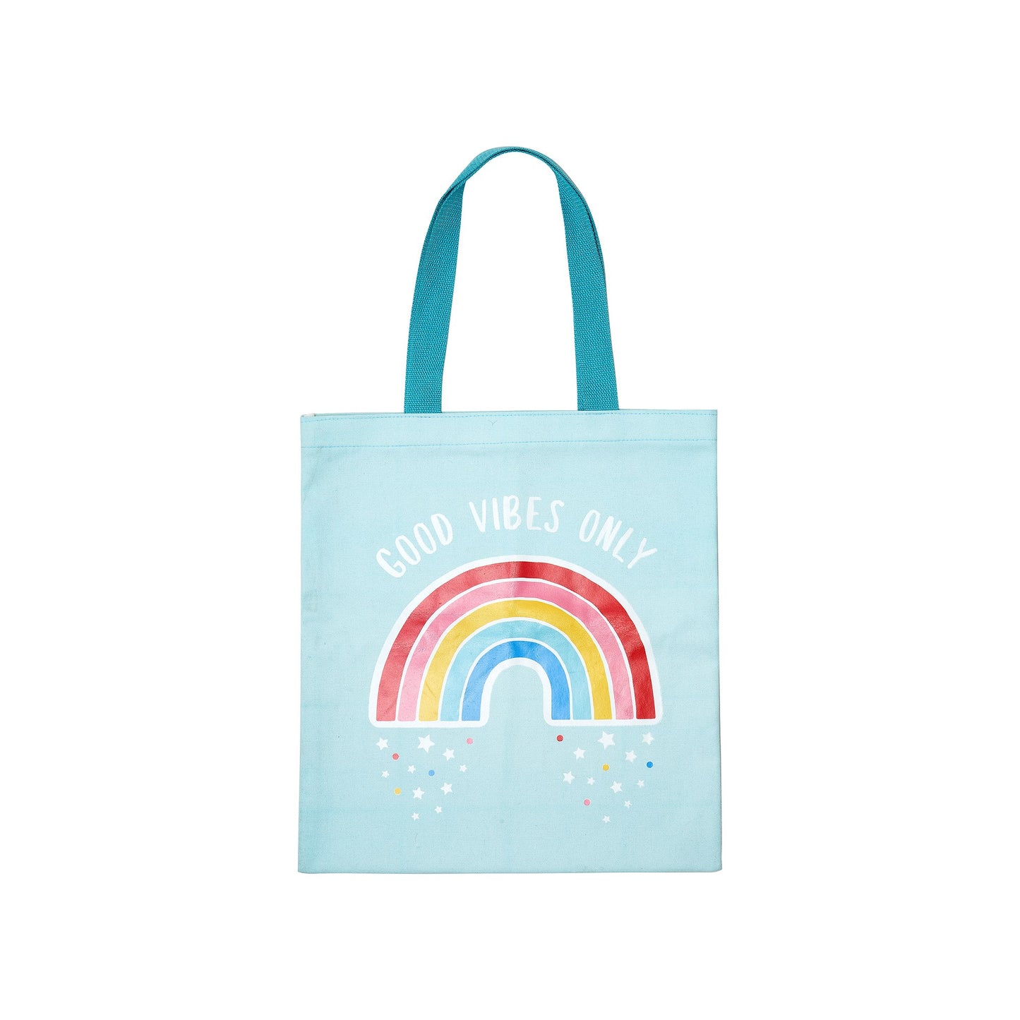 Gorgeous 'Good Vibes Only' slogan tote bag in sky blue, featuring a vibrant rainbow motif. 