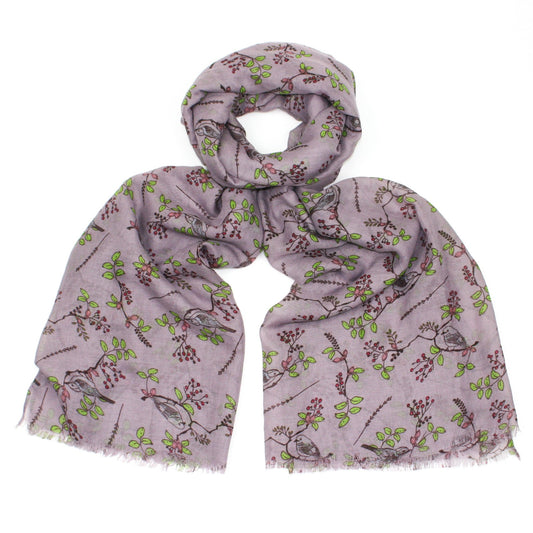 A beautiful bird print design scarf on a solid coloured background and finished with a feathered edge
