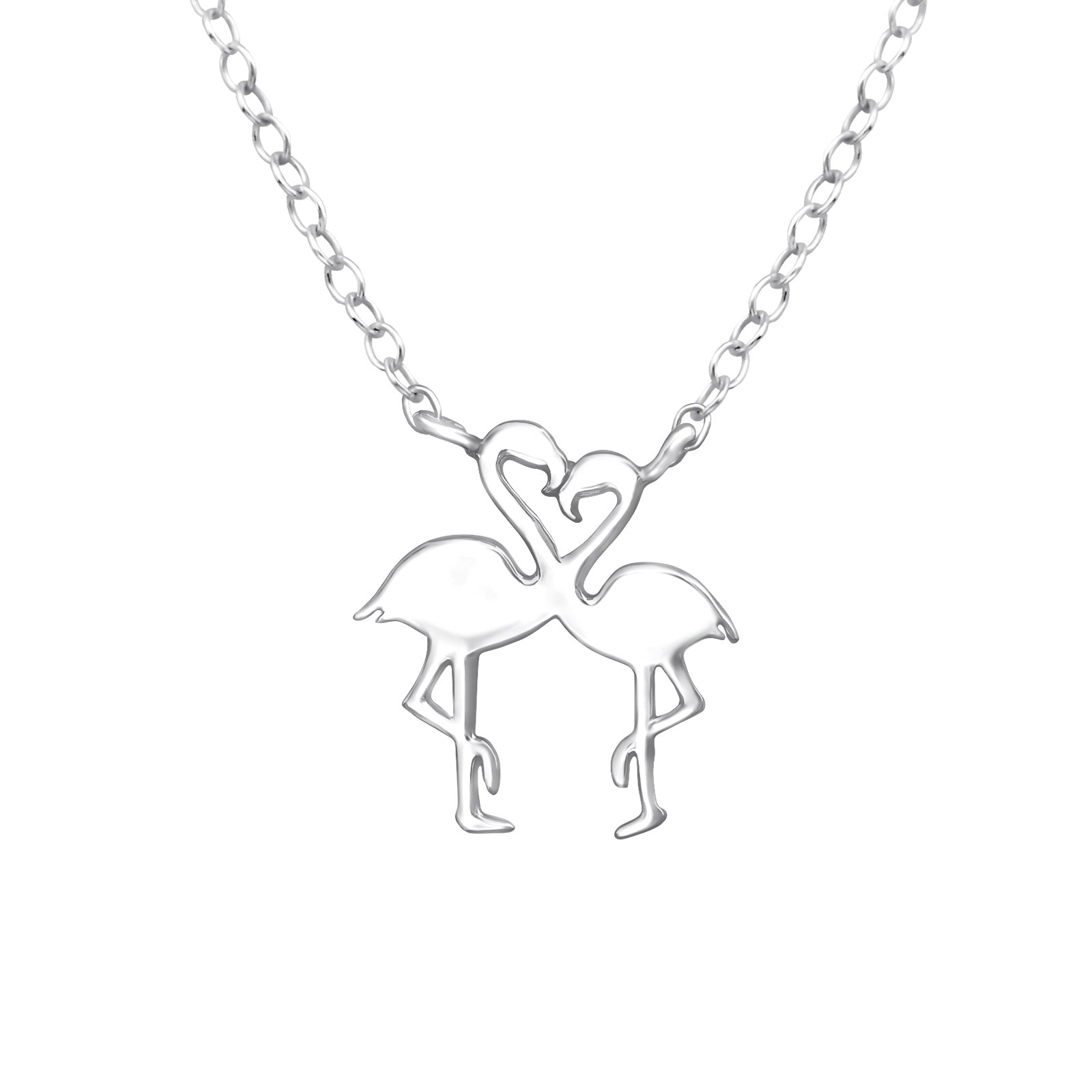 Gorgeous necklace with two flamingoes in the shape of a heart.
