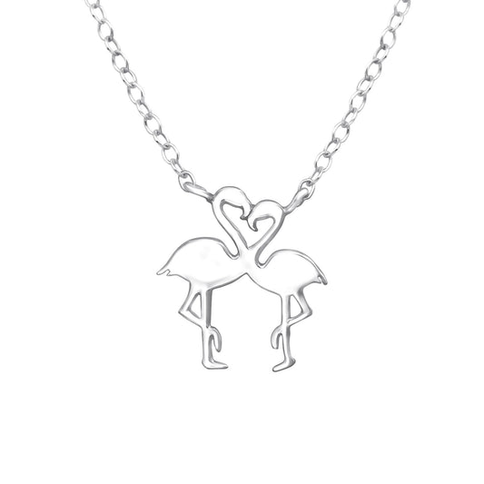Gorgeous necklace with two flamingoes in the shape of a heart.
