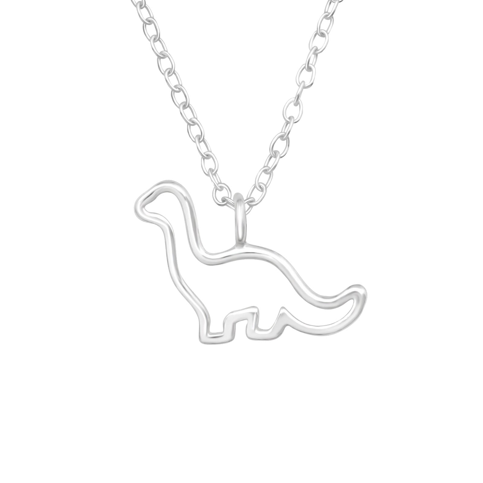 Sterling Silver dinosaur necklace in the outline of a diplodocus.