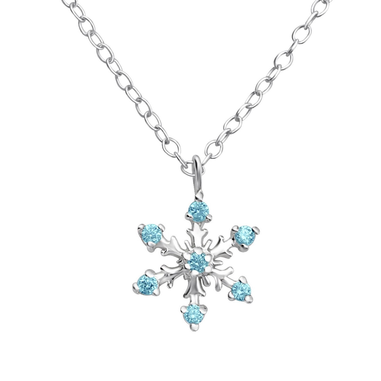 Pretty snowflake necklace with blue cubic zirconia crystals.