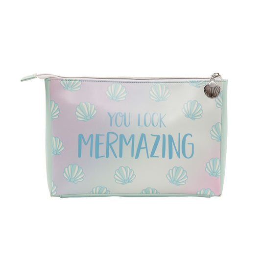 Large make up / wash bag featuring shell print and a mermaid slogan: You Look Mermazing