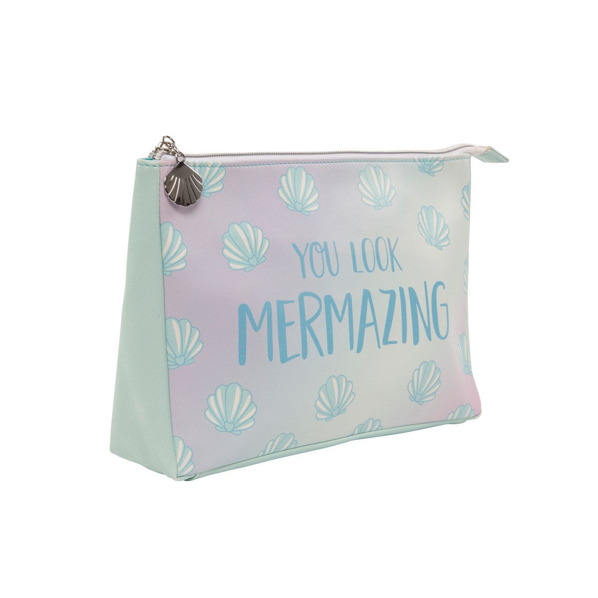 Large make up / wash bag featuring shell print and a mermaid slogan: You Look Mermazing