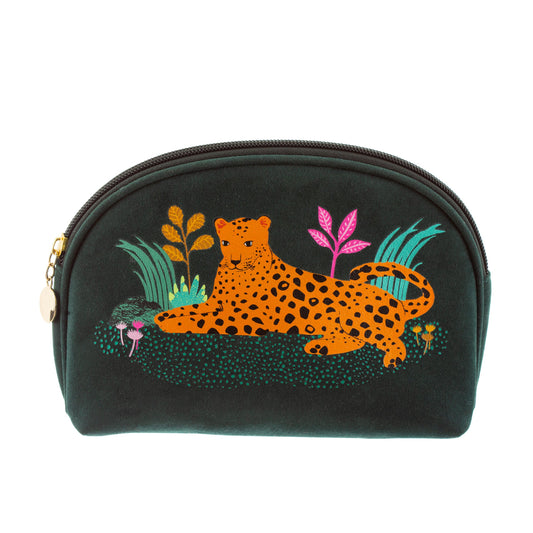 Deep jade green with a valet-like finish cosmetic bag for all your beauty essentials featuring a wonderfully will leopard design. Gold leopard print detail on the back with the slogan Stay Fierce.