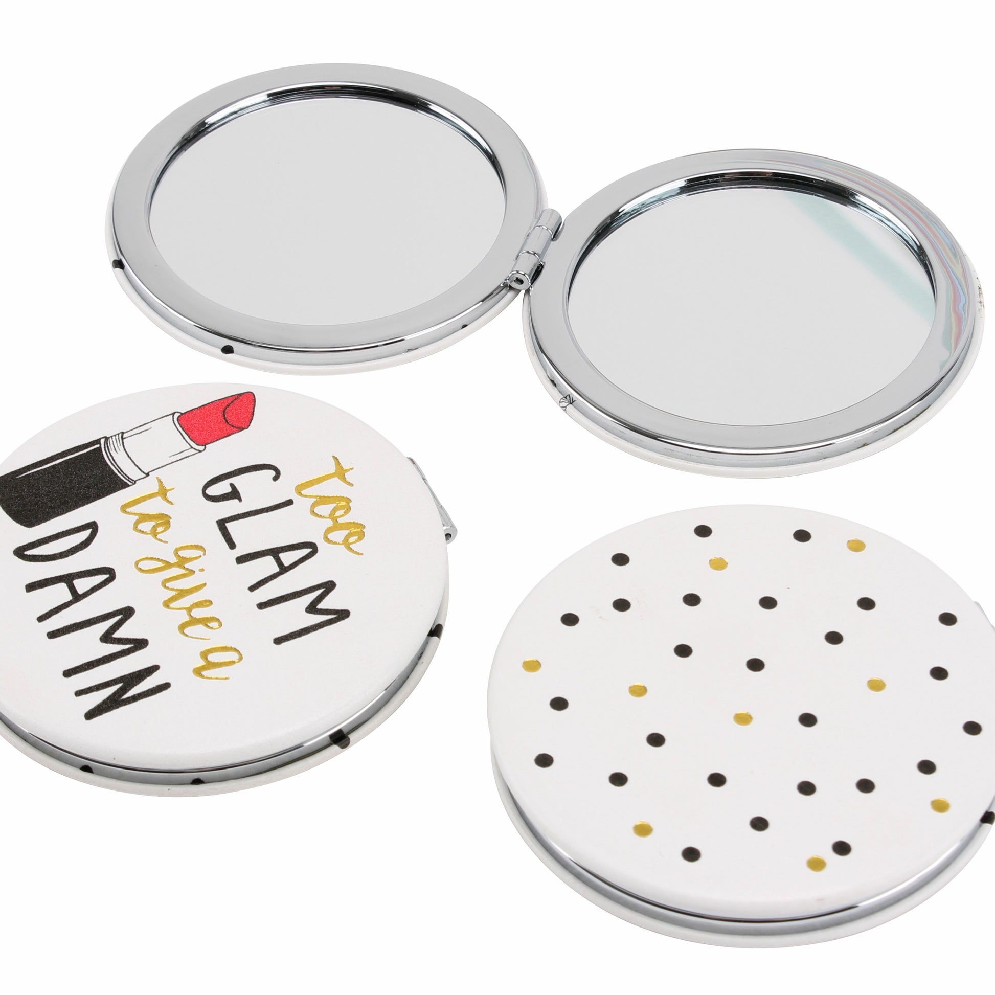 White fabulous let's make up compact mirrors with choice of glam, sassy, selfie or sparkle slogan