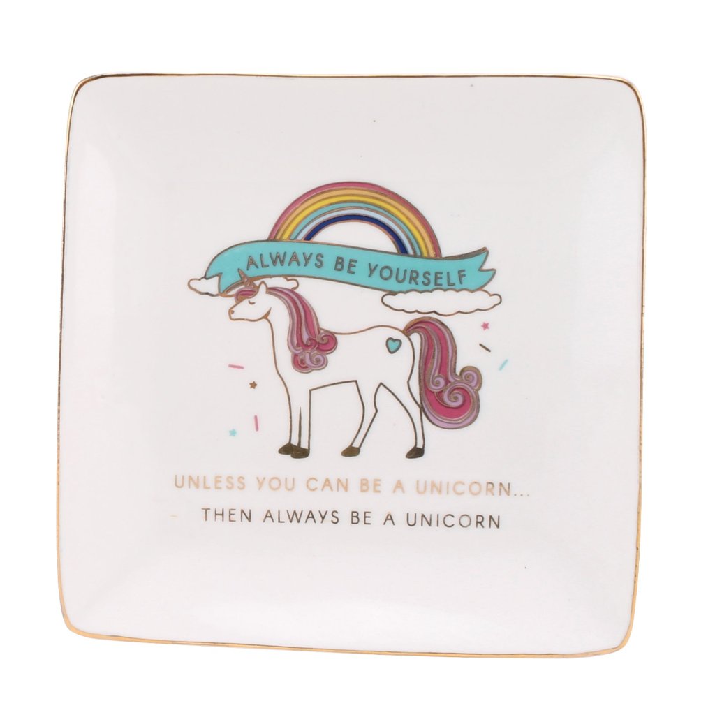 White square trinket dish featuring unicorn design.  Slogan: Alway be yourself, unless you can be a unicorn, then be a unicorn 