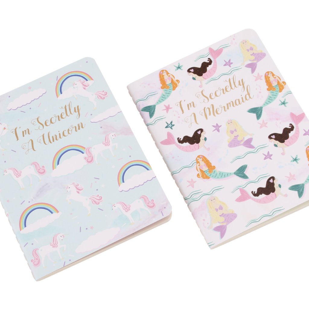 2 x A6 paperback notebooks with slogans mermaid and unicorn designs