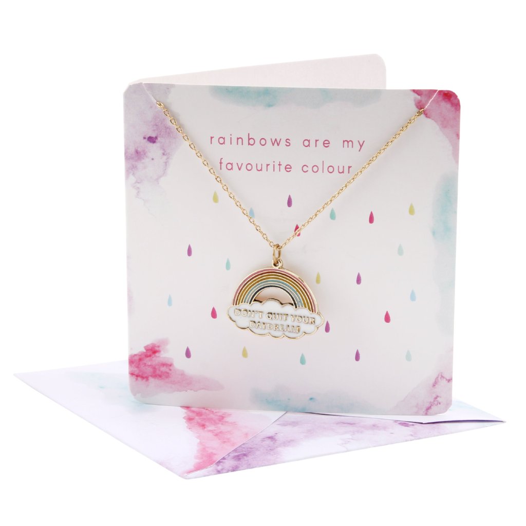 Pretty rainbow necklace with slogan Don't Quit Your Daydreams on card (with envelope)