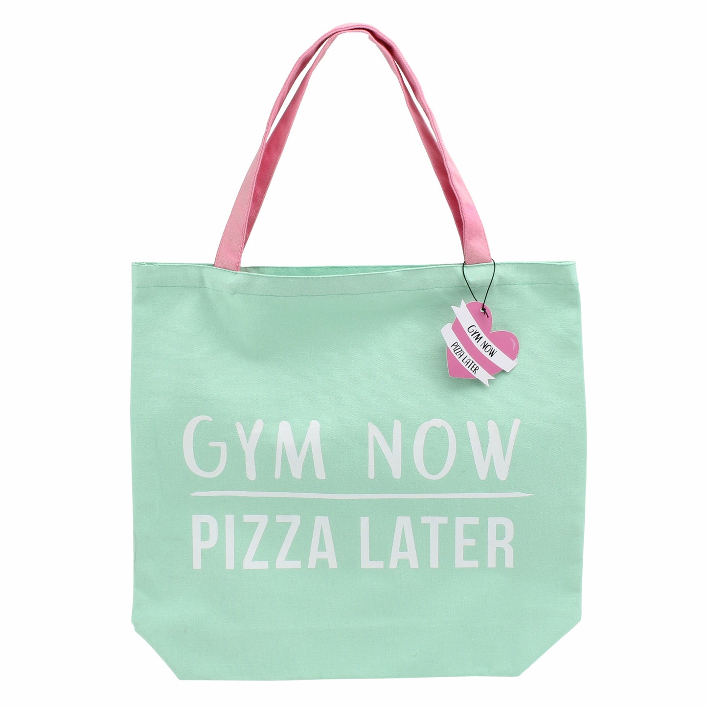 Green canvas shopping bag featuring slogan Gym now, pizza later