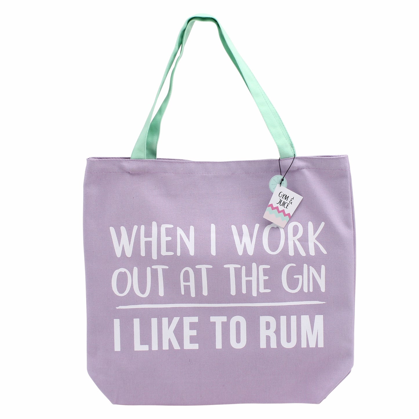 Purple canvas shopping bag featuring slogan When I go to the gin, I like to rum