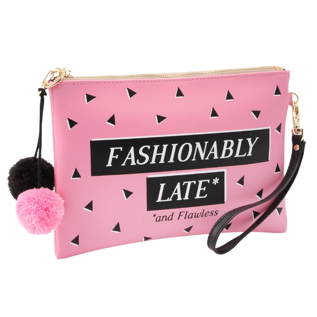 Pink Fashionably Late Make Up Bag with pom pom detail