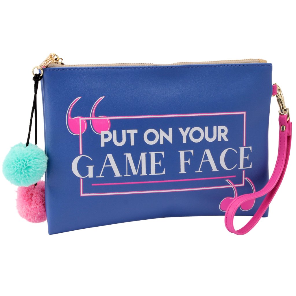 Blue Put on Your Game Face Make Up Bag with pom pom detail