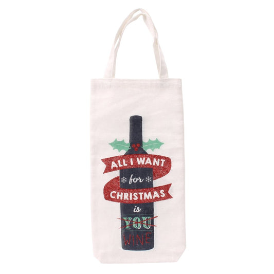 White canvas Christmas bottle bag featuring wine bottle design, and the slogan All I Want for Christmas is You... Wine