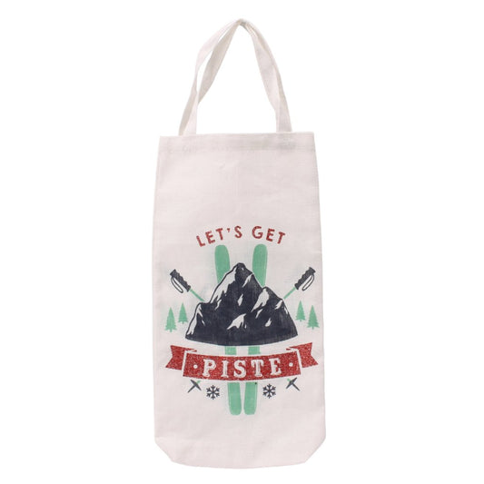 White canvas Christmas bottle bag featuring ski design, and the slogan Let's Get Piste