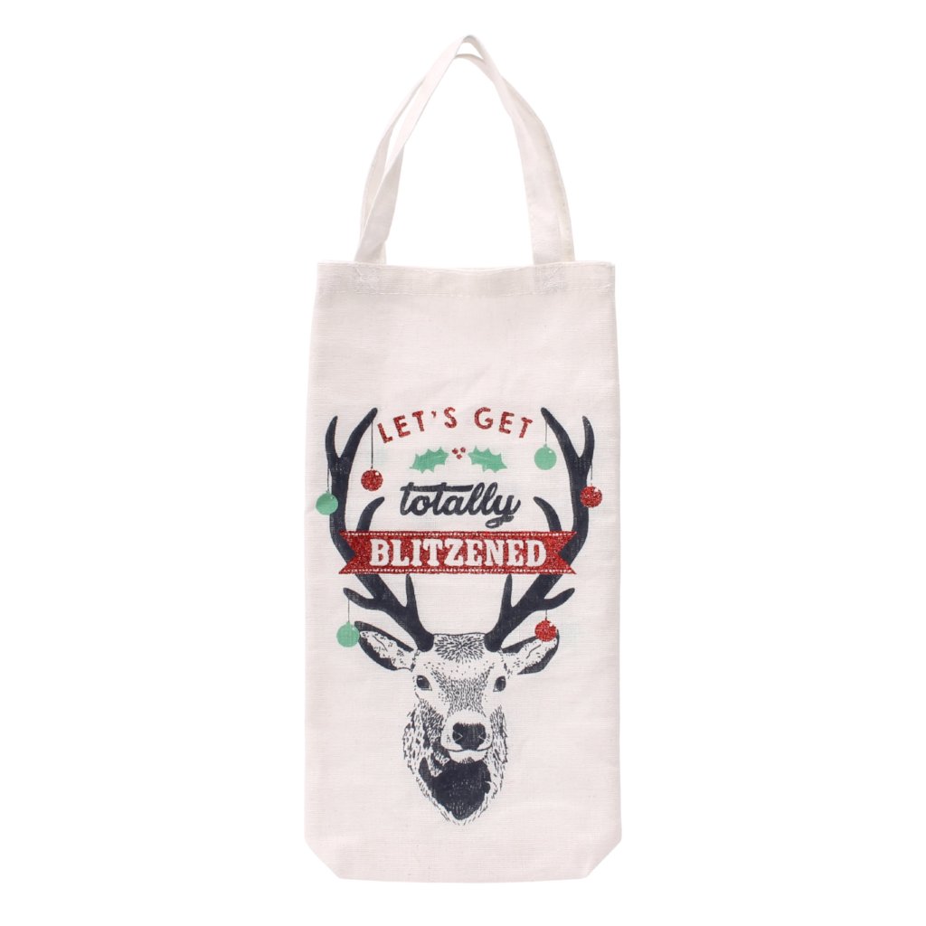 White canvas Christmas bottle bag featuring reindeer design, and the slogan Let's Get Totally Blitzened