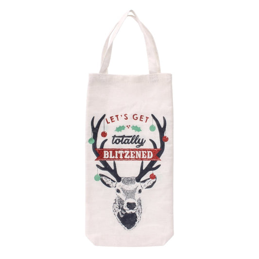 White canvas Christmas bottle bag featuring reindeer design, and the slogan Let's Get Totally Blitzened