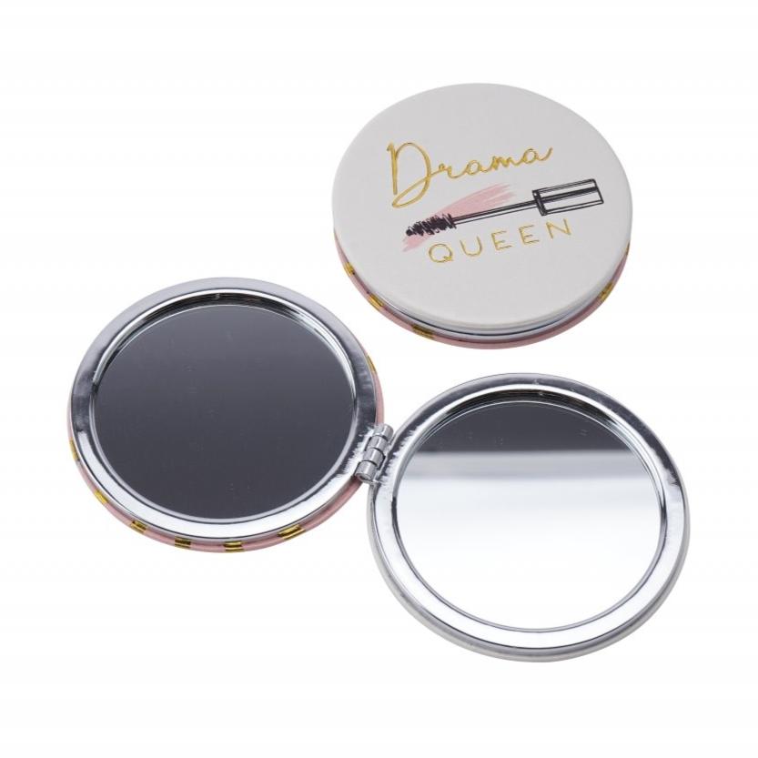Drama Queen pretty compact mirror, with mascara wand detail and gold and pink striped reverse.