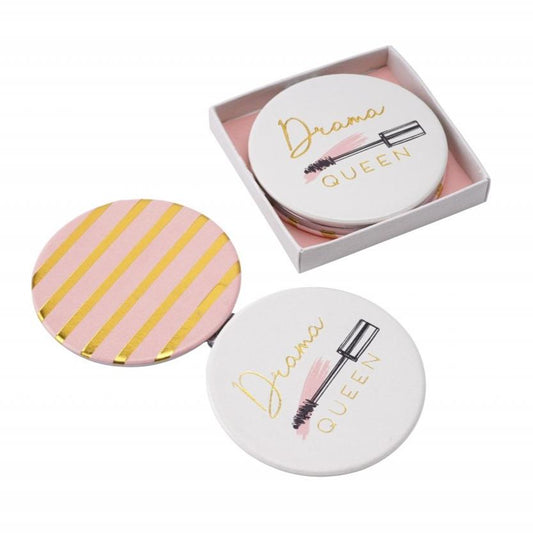 Drama Queen pretty compact mirror, with mascara wand detail and gold and pink striped reverse.