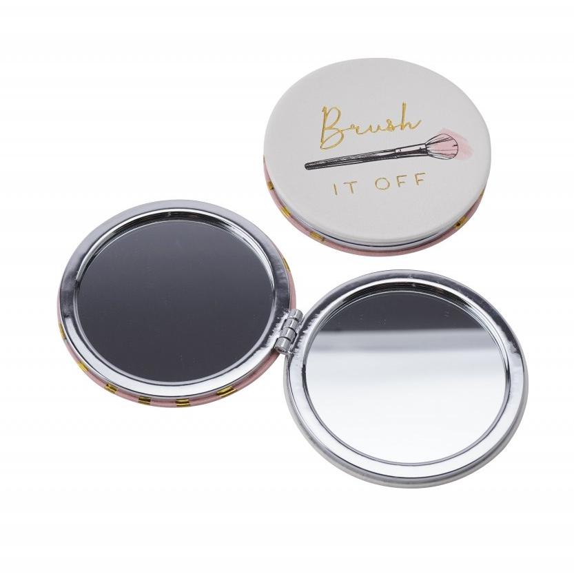 Brush it off pretty compact mirror, with make up brush detail and gold and pink striped reverse.