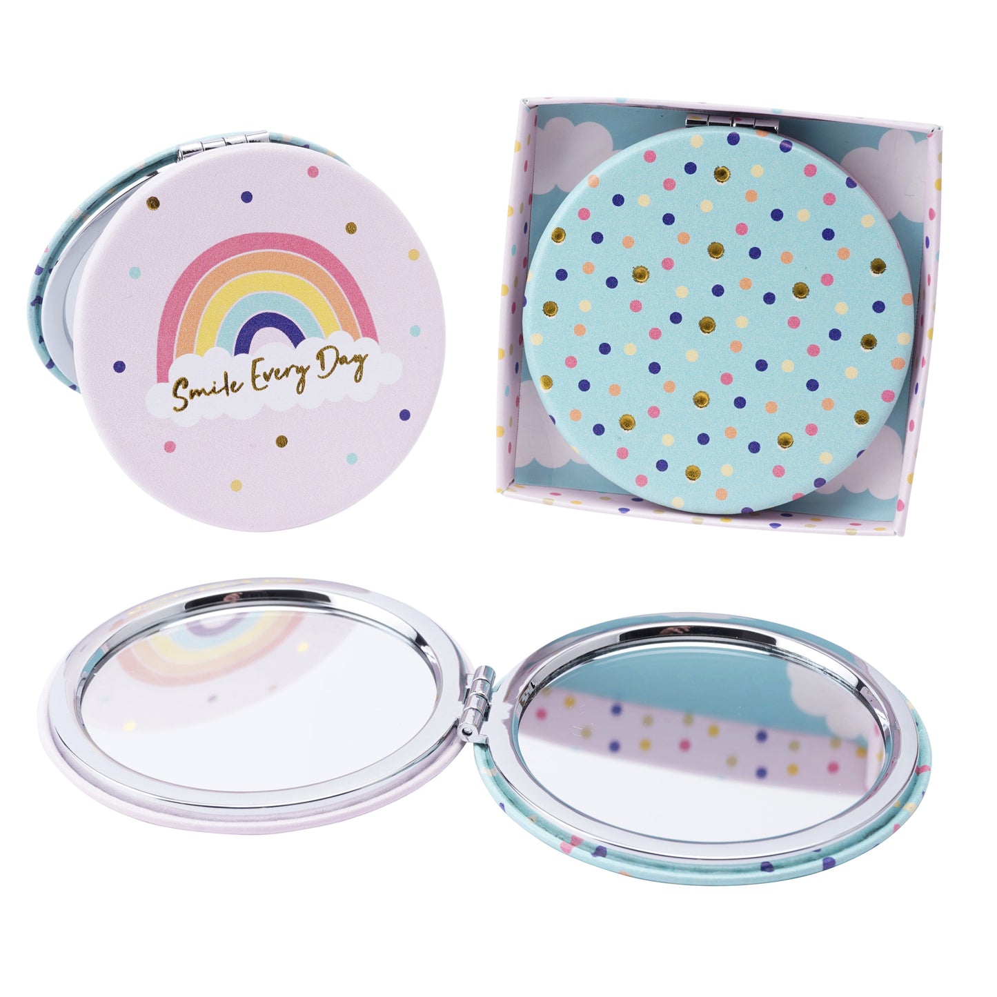 Pink and blue compact mirror, with pretty dots and rainbow design featuring the slogan: Smile Every Day