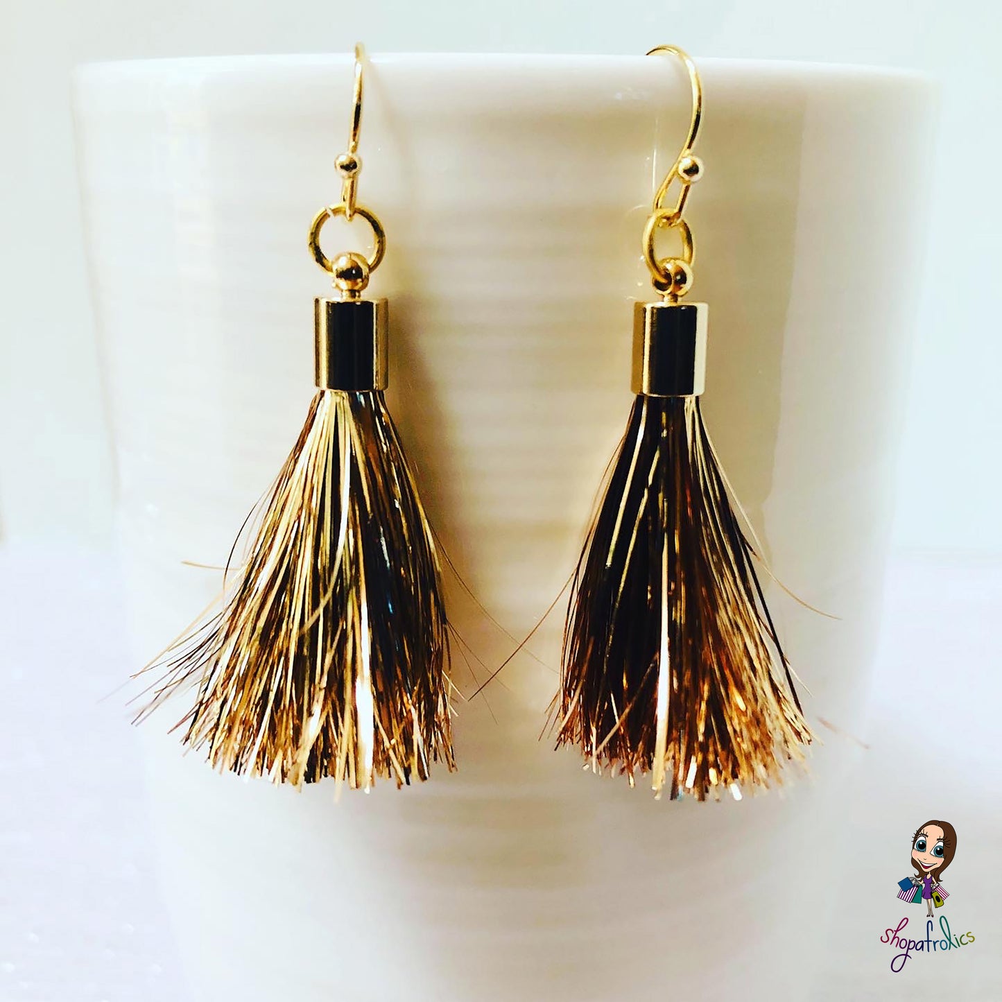 Gold Tinsel Tassel Drop Earrings