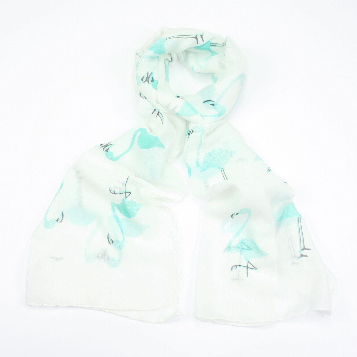 Funky green flamingo design on a white background printed scarf