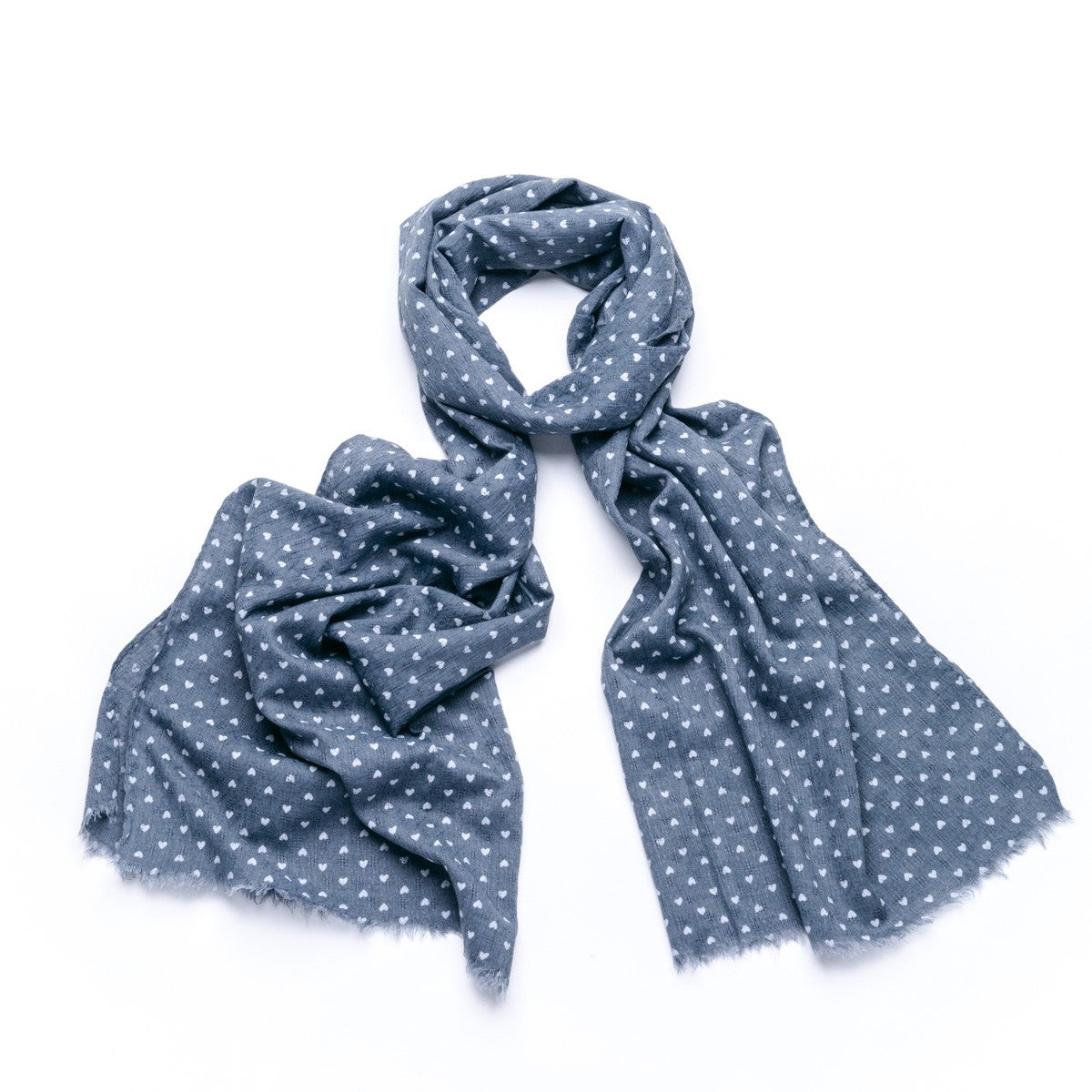 Grey ditsy heart printed scarf with feathered edge