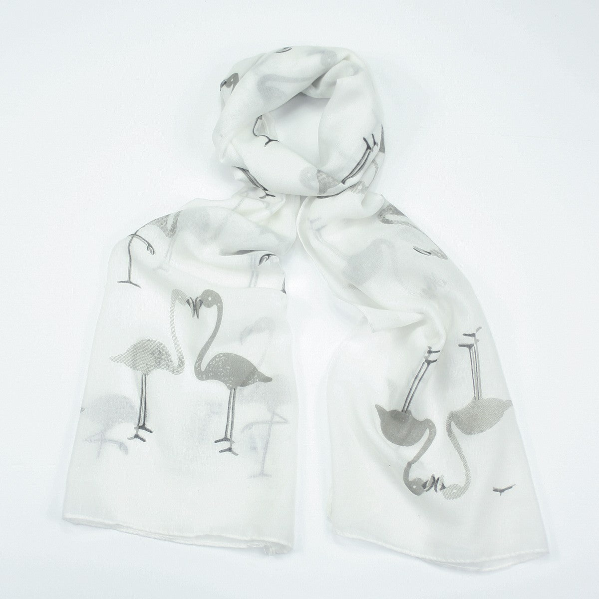 Funky grey flamingo design on a white background printed scarf.