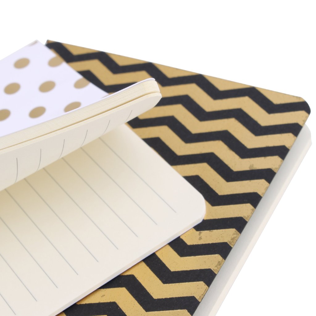2 x A6 gold foil notebooks in zig zag & spot designs