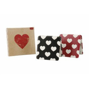 Choice of red or black heart print compact square mirrors in gift box.