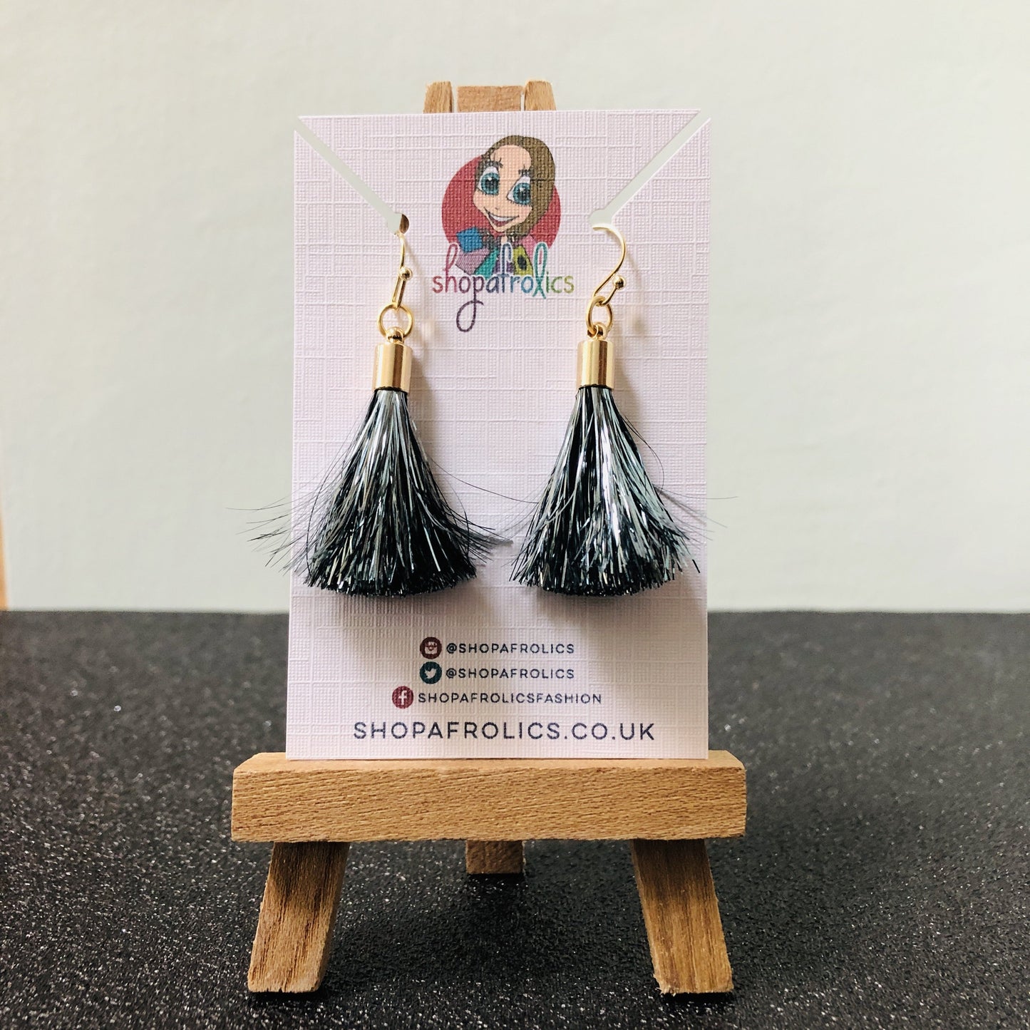 Charcoal Grey Tinsel Tassel Drop Earrings