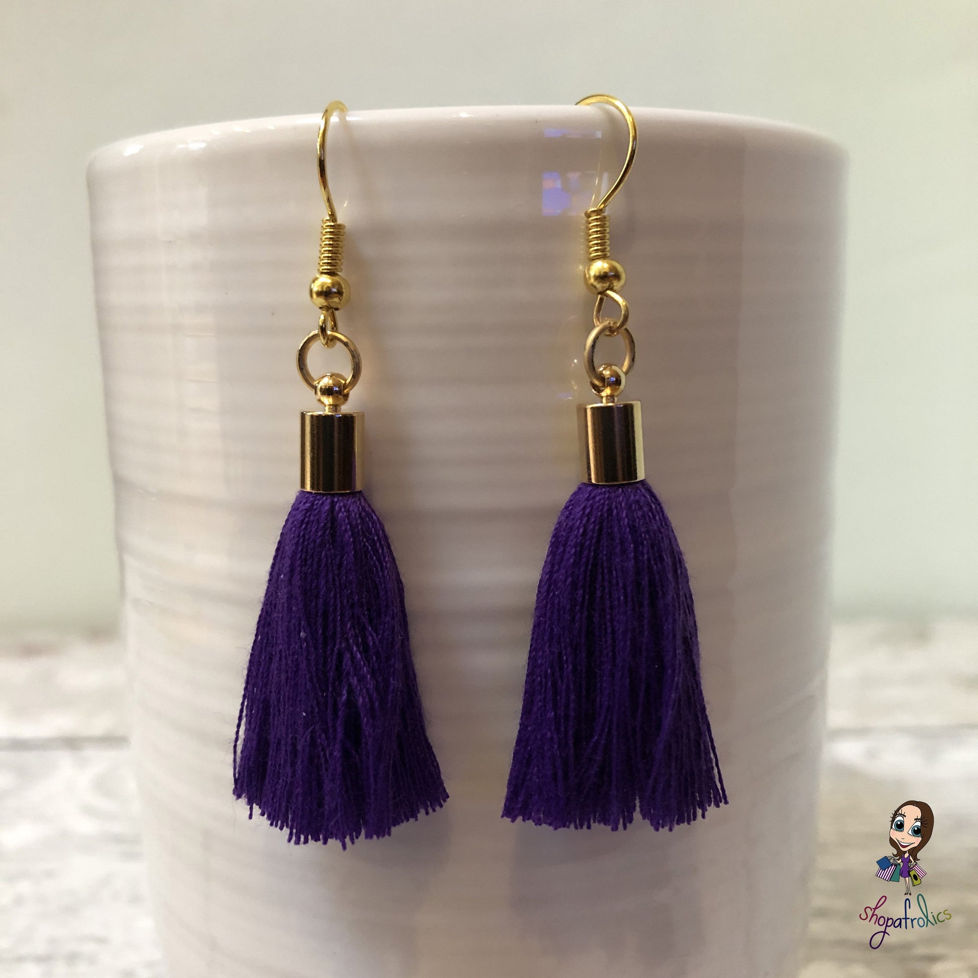 Purple Cotton Tassel Earring with gold plated ear hooks, and findings. 