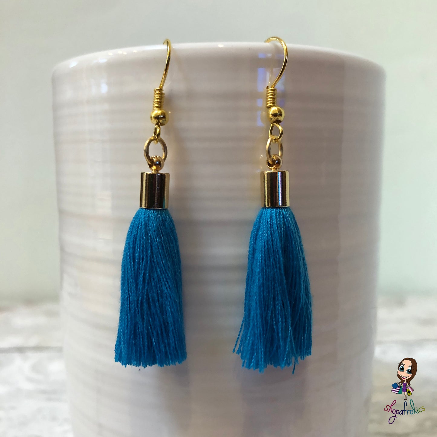 Blue Cotton Tassel Earring with gold plated ear hooks, and findings. 