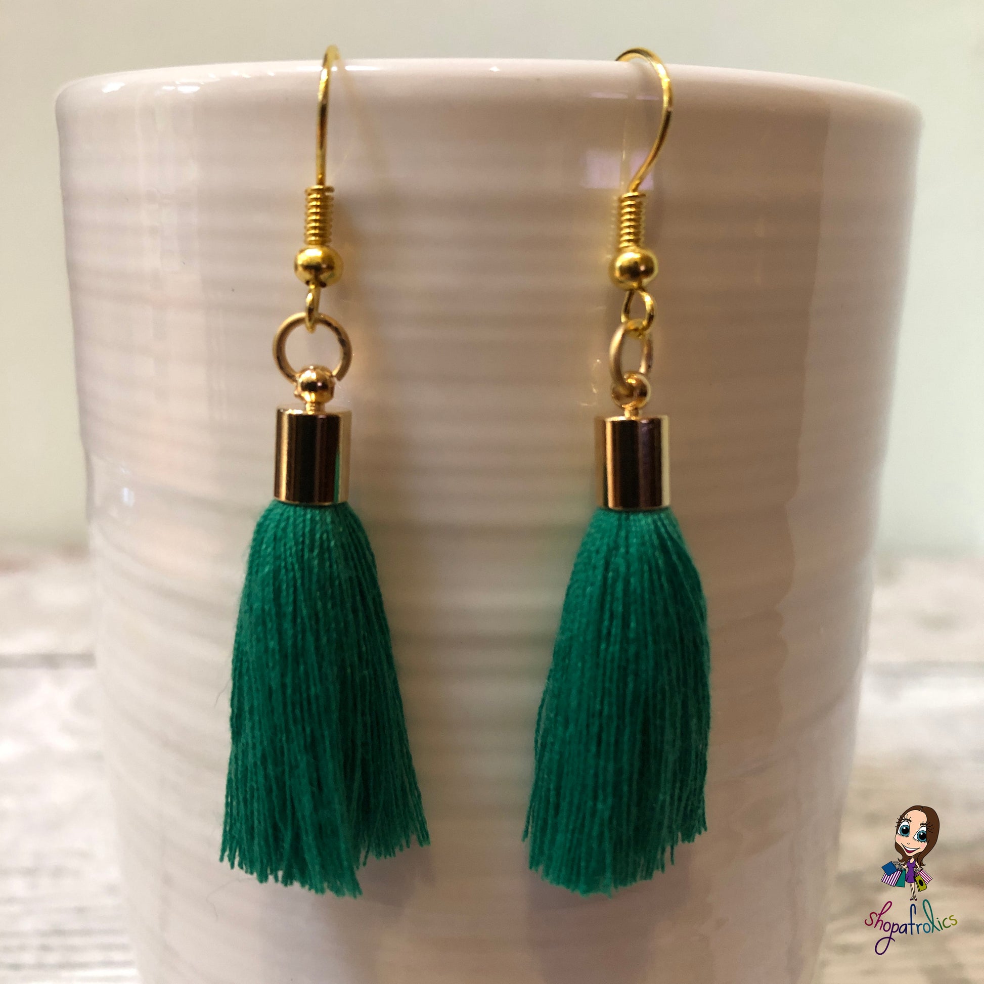 Green Cotton Tassel Earring with gold plated ear hooks, and findings. 