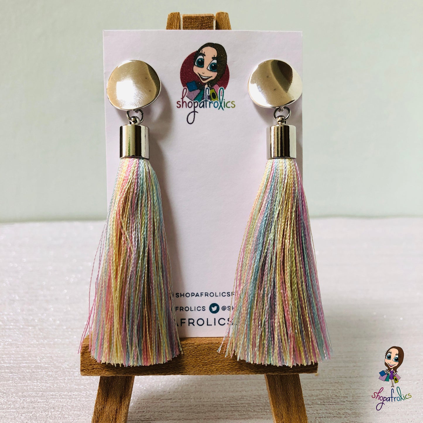 Pastel Rainbow Tassel and Gold Disc Stud Earrings